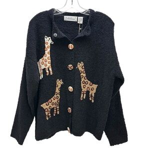Vtg Belle Pointe Black Giraffe Cardigan L‎ Soft Wool Blend Button Front